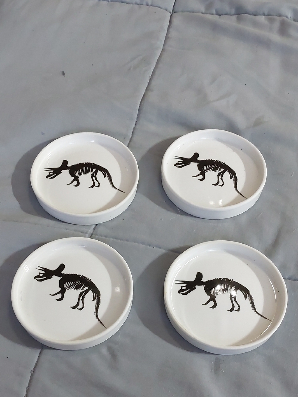 White Ceramic Tray/Coaster Set with Black Dinosaur Skeleton Design New Without T